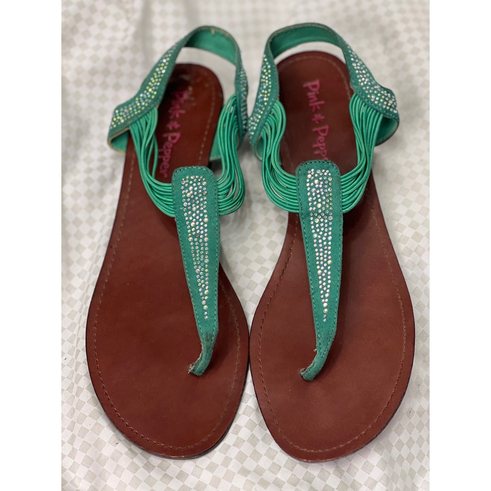 Pink Pepper Teal Green Rhinestone Strappy‎ Thong Slingback Flat Sandals Womens